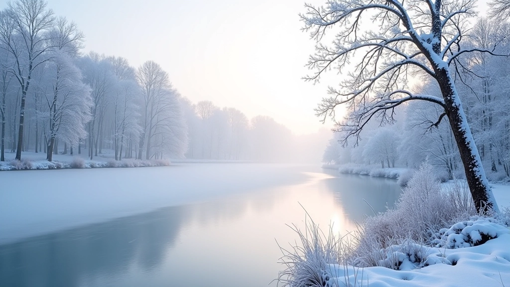 Žiema prie tvenkinio, šerkšniai ant medžių šakų, šaltai nuspalvinta šviesa